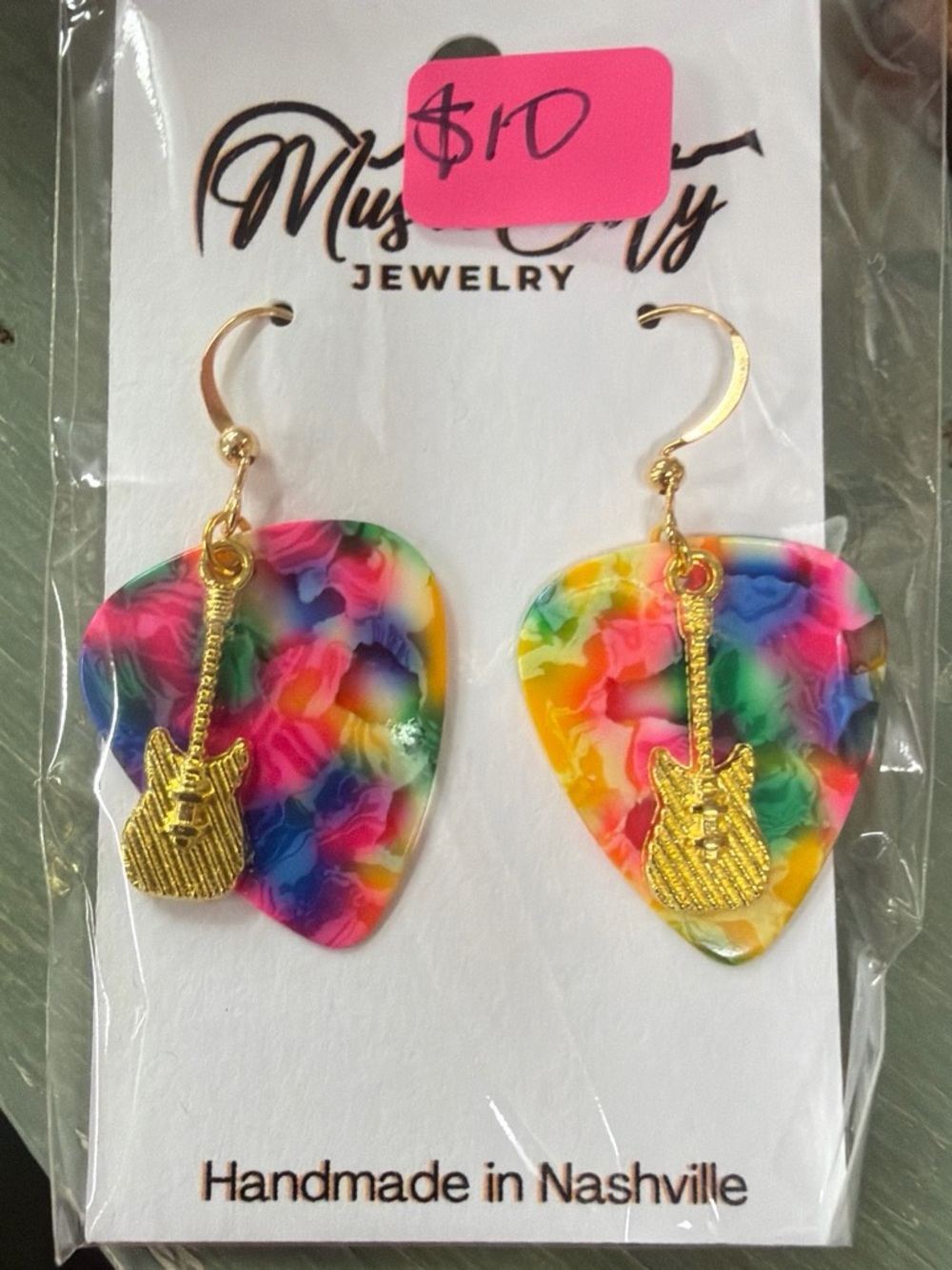 Colorful Guitar Pick Drop Earrings - Gold Guitar Charm